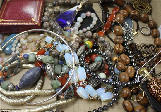 A mixed group of assorted costume jewellery including hematite necklace and two mounted glass scent bottles.